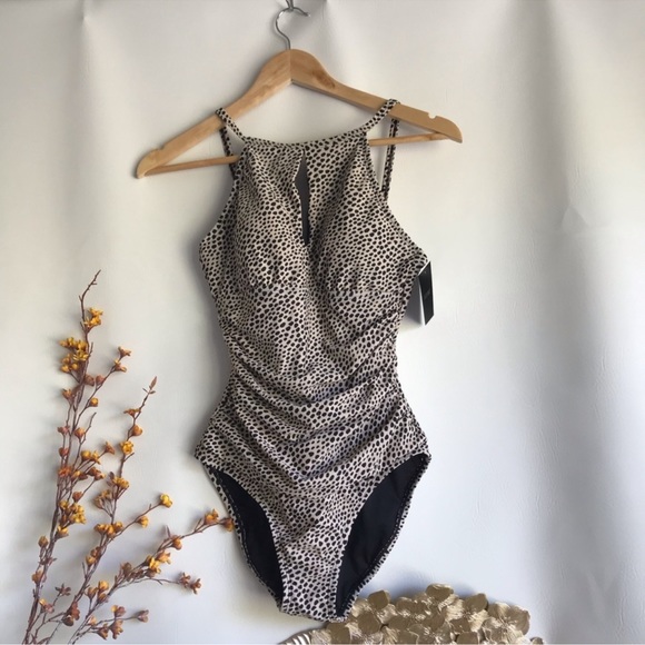 Ellen Tracy Cheetah Keyhole HighNeck Swimsuit - Picture 1 of 4